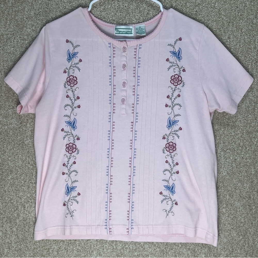 Imperfect vintage embroidered pink floral top feminine granny cottagecore spring - Picture 3 of 9